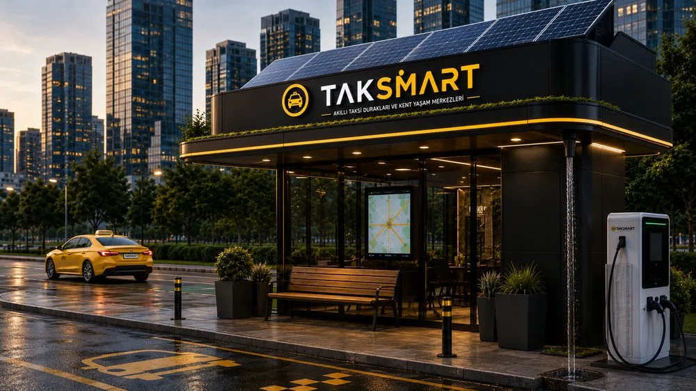 Güneş panelli Taksmart durağı — sürdürülebilir enerji sistemi